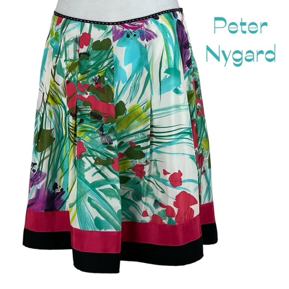 Peter Nygard White Teal Floral Silk Cottage Vintage Skirt Size 10